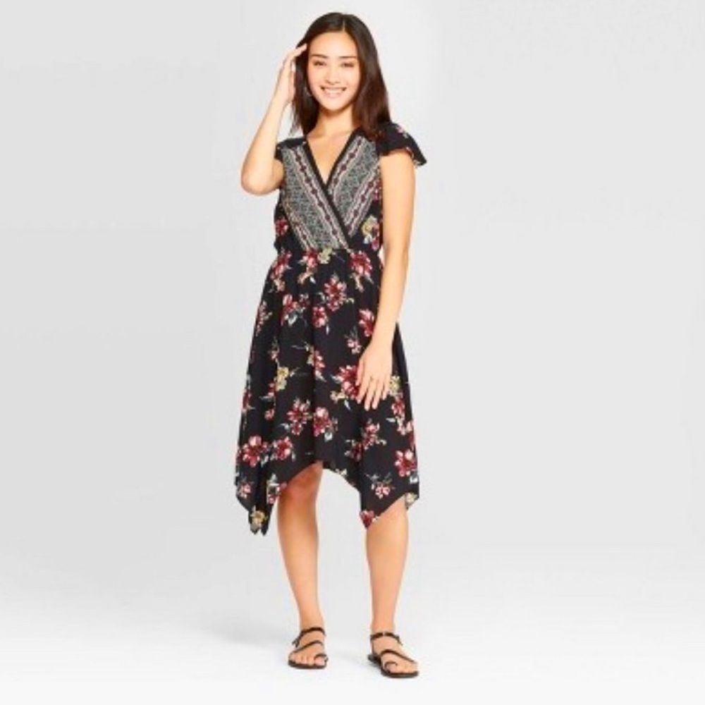 Floral Black V-Neck Handkerchief Hem Dress